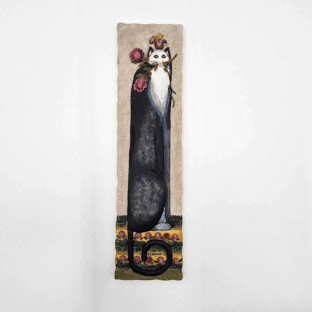 Vintage E.S. Smythson Black Cat Wall Plaque Folk Art Resin Hanging Decor Whimsy